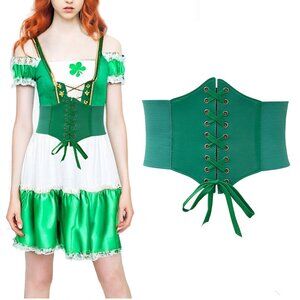 Green Wide Button Fastening Lace Up Elastic Corset Waist Belt - One Size